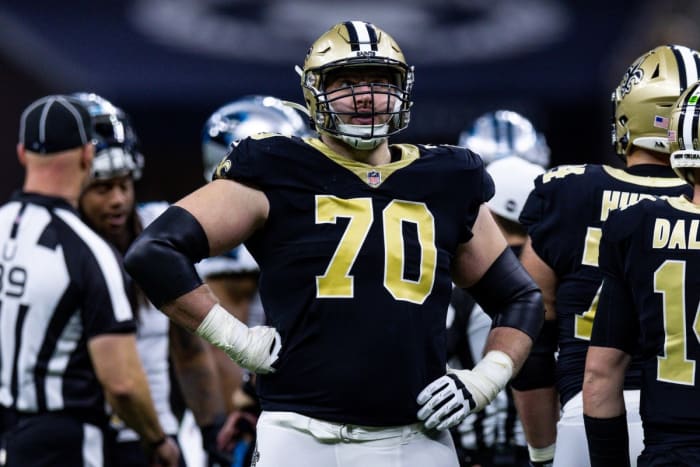 New Orleans Saints offensive tackle Trevor Penning (70) looks on against the Carolina Panthers. Mandatory Credit: Stephen Lew-USA TODAY Sports
